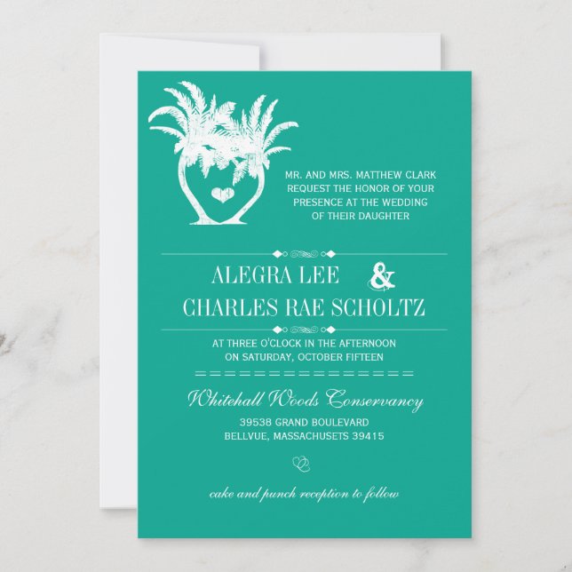 Beach Teal Palm Tree Destination Chalkboard Invitation (Front)