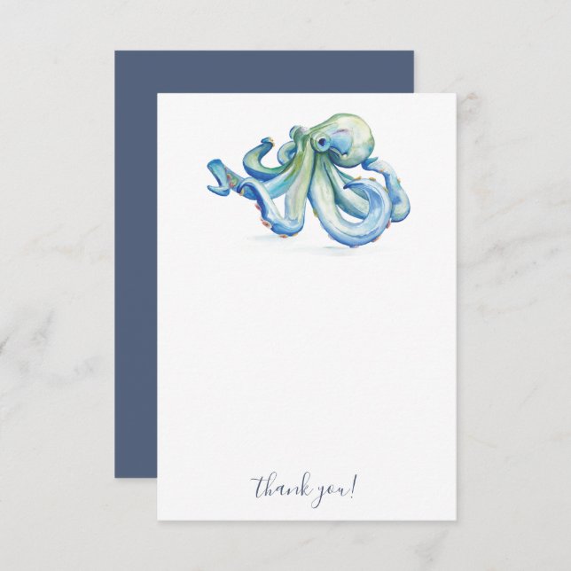 Beach Thank You Cards Blue Watercolor Octopus (Front/Back)