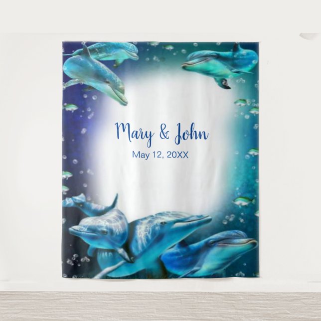 Beach Theme Dolphin Wedding Photo Backdrop Tapestry (Front)