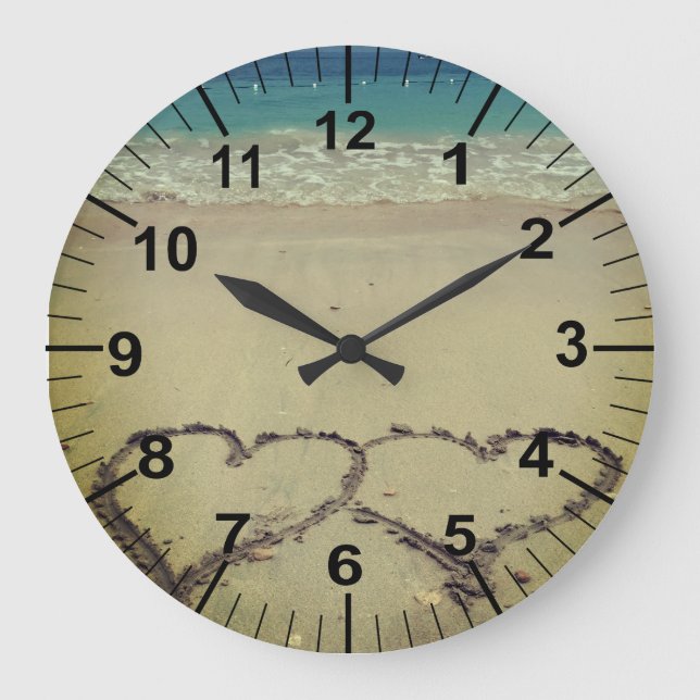 Beach Theme Hearts In Sand Large Clock (Front)