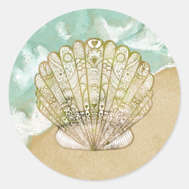 Beach Theme Scallop Shell Wedding Stickers (Front)