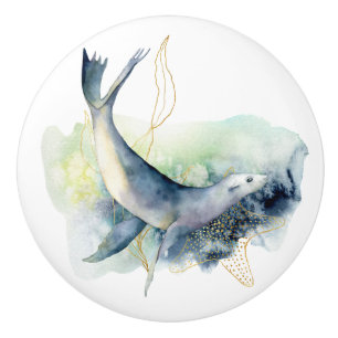 Beach Theme Sea Otter Watercolor Art Ceramic Knob