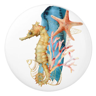 Beach Theme Seahorse Watercolor Art Ceramic Knob