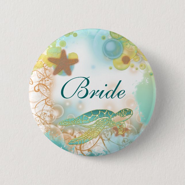 Beach theme wedding turtle bride 2 inch round button (Front)