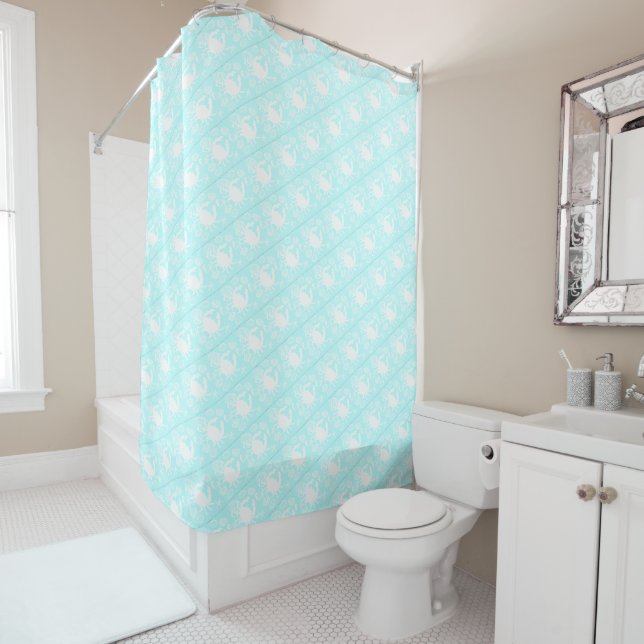 Beach Themed Aqua Shower Curtain with Crab (In Situ)