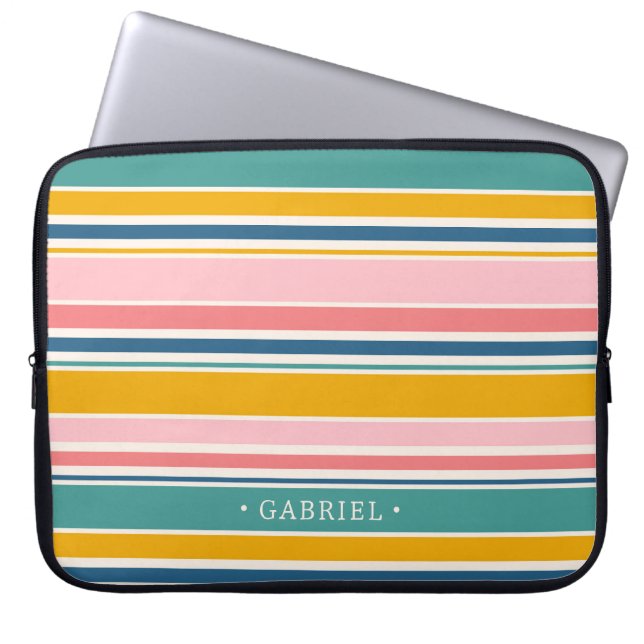 Beach Themed Colour Stripes | Add Your Name Laptop Sleeve (Front)