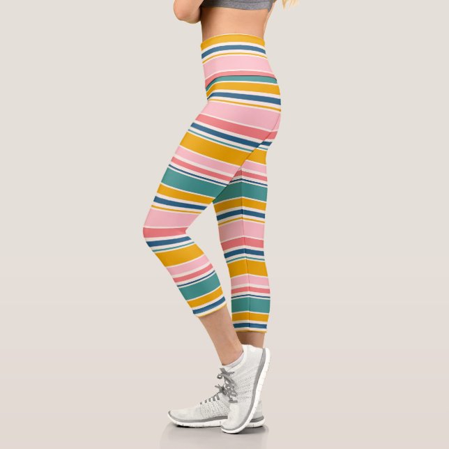 Beach Themed Colour Stripes Capri Leggings (Left)