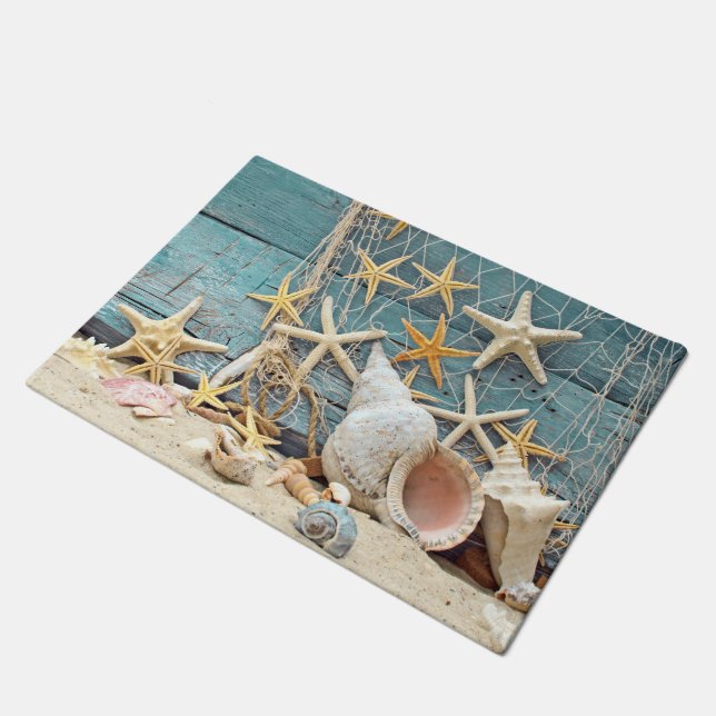 Beach Themed Conch Shell, Starfish & Fishing Net Doormat (Angled)
