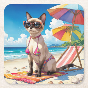 Beach themed for Siamese Cat lovers Square Paper Coaster
