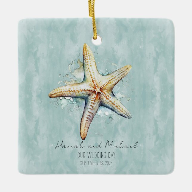 Beach Themed "Our Wedding Day" Ceramic Ornament (Front)