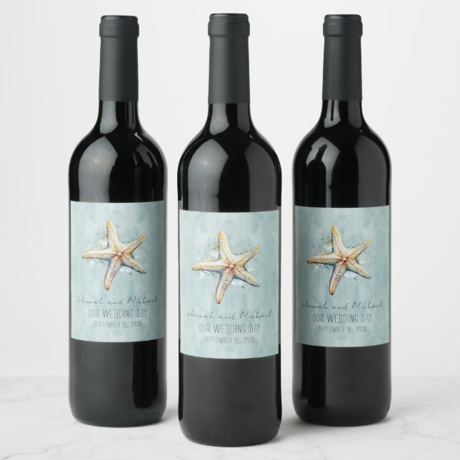 Beach Themed "Our Wedding Day"  Wine Label (Bottles)