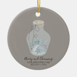 Beach Themed "Our Wedding Day" with Shells  Ceramic Ornament