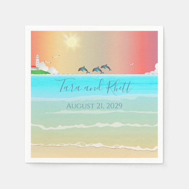 Beach Themed Personalized Wedding Paper Napkins (Front)