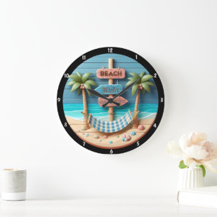 Beach-Themed Relaxing Hammock Palm Trees Large Clock