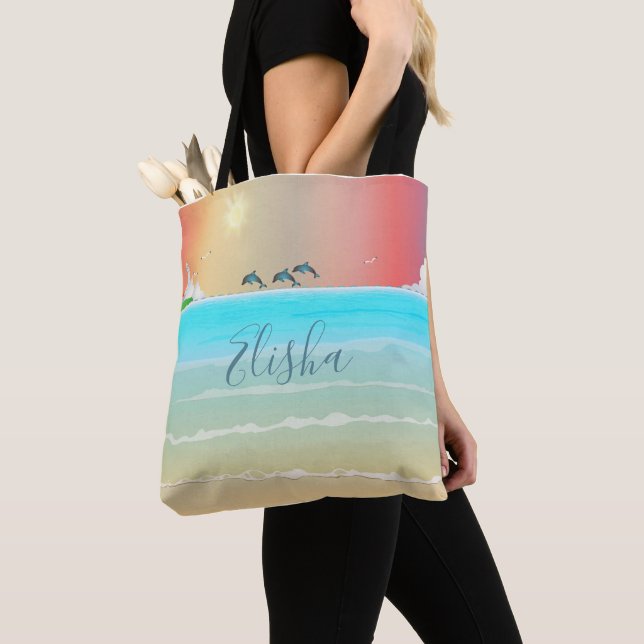 Beach Themed Tote Bag with Dolphins Light House (Close Up)