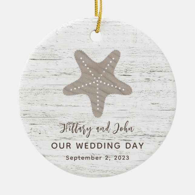 Beach Themed Wedding Wood Grain Ceramic Ornament (Front)