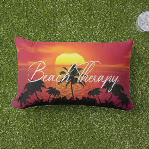 Beach Therapy sunset sand relaxation orange palm Lumbar Pillow