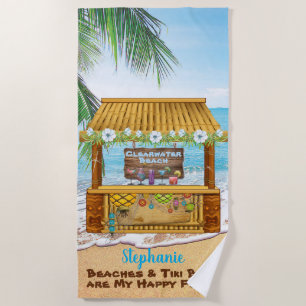 Beach Tiki Bar Blue Tropical Landscape Painting Beach Towel