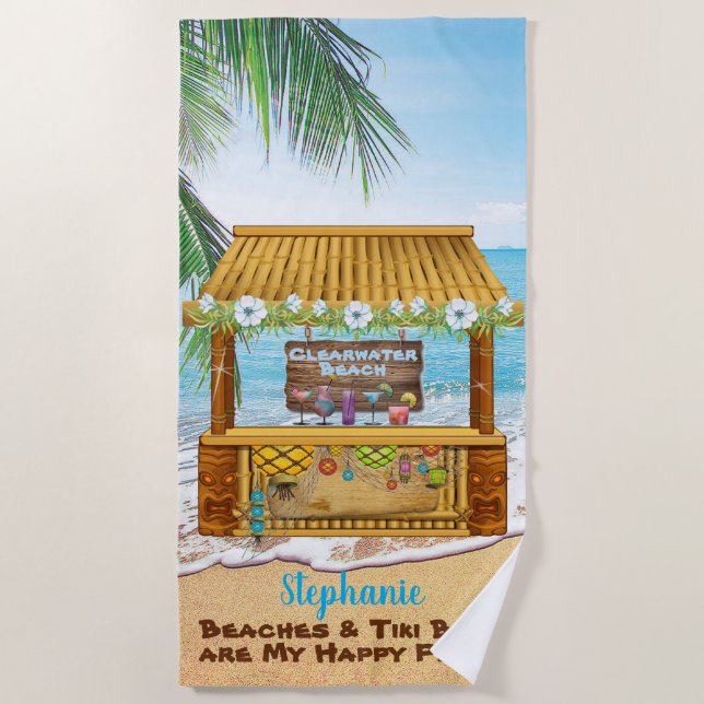 Beach Tiki Bar Blue Tropical Landscape Painting Beach Towel (Front)