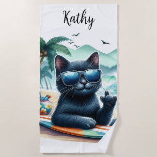 Beach Time Cool Black Cat Personalized Beach Towel