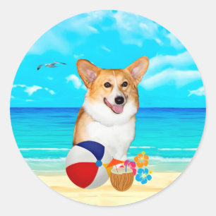 Beach Time Corgi Classic Round Sticker