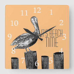 Beach Time Pelican Custom Square Wall Clock