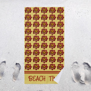 Beach Time Red Dahlia Floral Pattern on Yellow Towel
