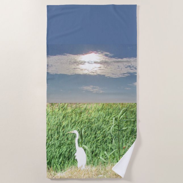 Beach Towel - Egret in Marshland (Front)
