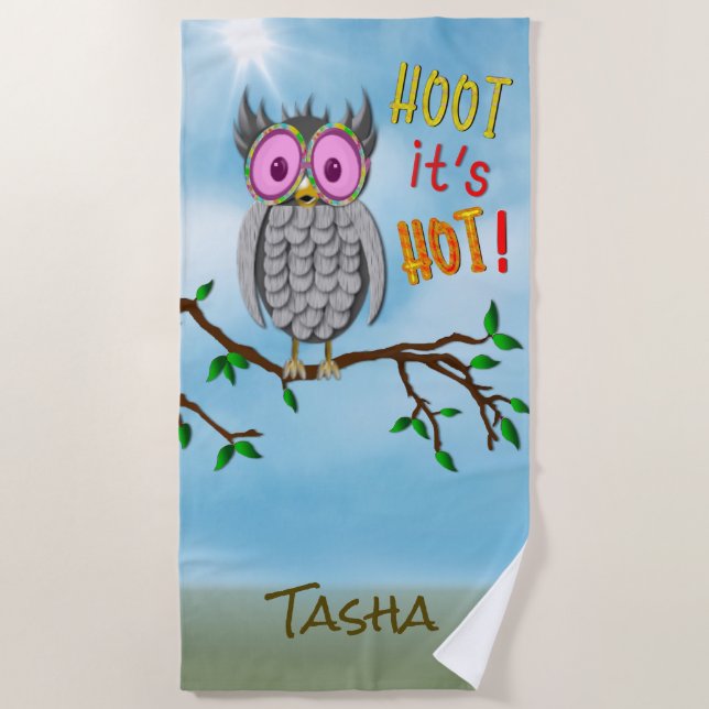 Beach Towel, Large Cute Owl, Sunglasses, HOOT Beach Towel (Front)