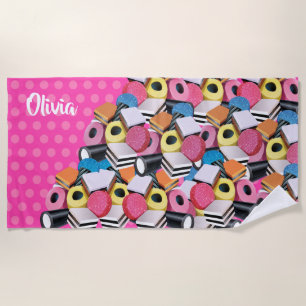 Beach towel Licorice Candy Allsorts. Neon Pink