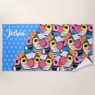 Beach towel Liquorice Candy Allsorts. Blue Polka 2