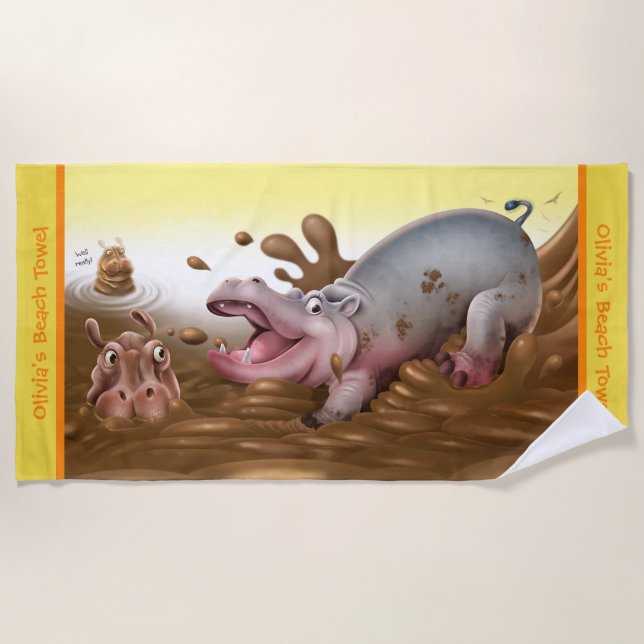 Beach towel Muddy Hippos. Yellow edge (Front)