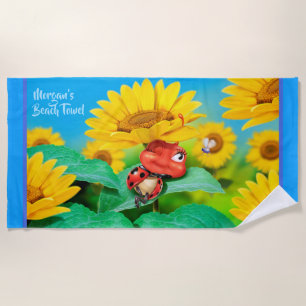 Beach towel sleepy Ladybug sunflowers. Blue edge