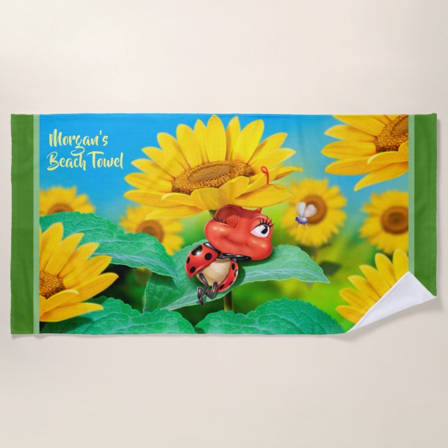Beach towel sleepy Ladybug sunflowers. Green edge (Front)
