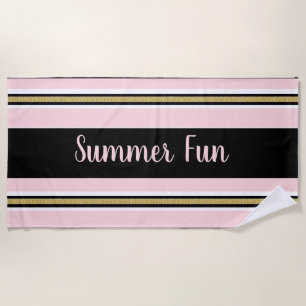 Beach Towel Spring Pink & White Gold Black Stripe