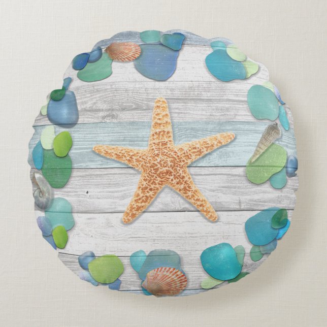 Beach Treasures Glass, Shells, Driftwood Round Pillow (Front)