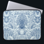 Beach treasures in blue laptop sleeve<br><div class="desc">Hand-drawn vector illustration of sea shells corals,  crab,  and seaweeds</div>