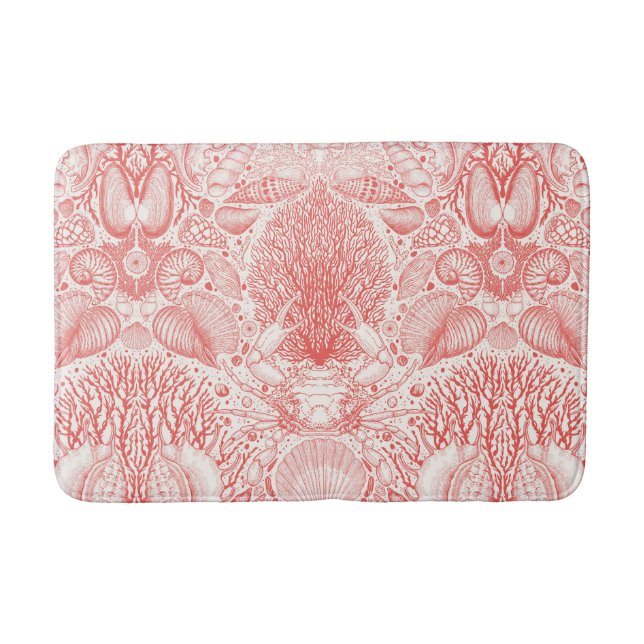 Beach treasures in coral red bath mat (Front)