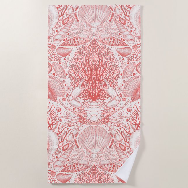 Beach treasures in coral red beach towel (Front)