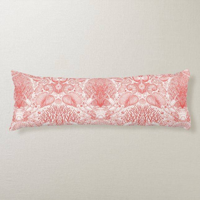 Beach treasures in coral red body pillow (Front)