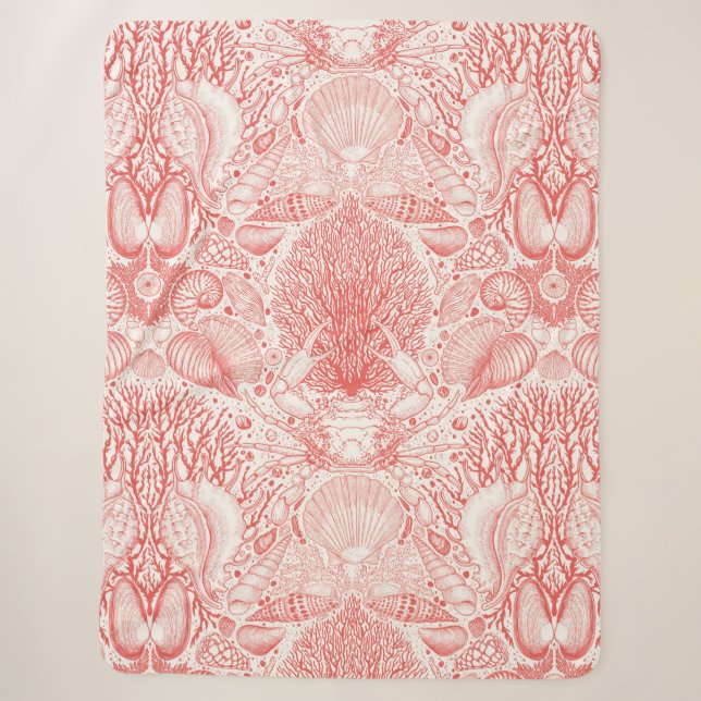 Beach treasures in coral red sherpa blanket (Front)