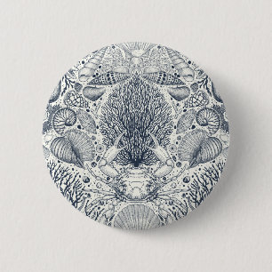 Beach treasures, seashells, crab, corals and seawe 2 inch round button