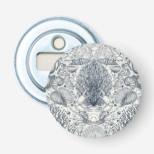 Beach treasures, seashells, crab, corals and seawe bottle opener