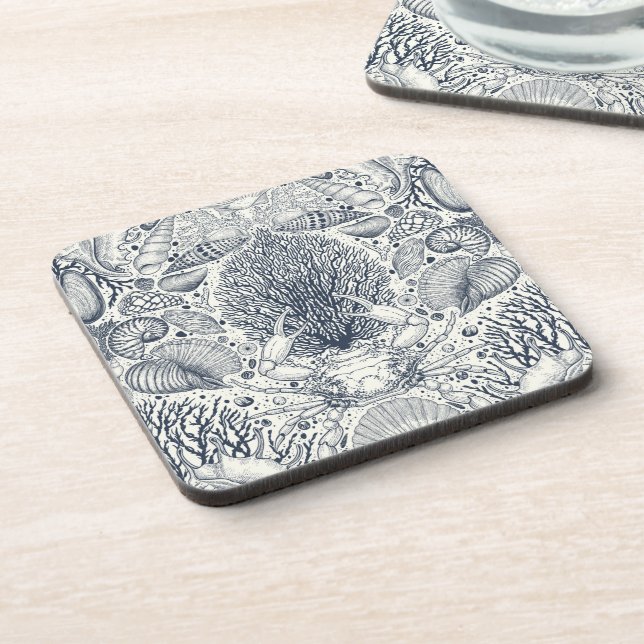 Beach treasures, seashells, crab, corals and seawe coaster (Left Side)