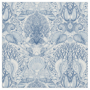 Beach treasures, seashells, crab, corals and seawe fabric