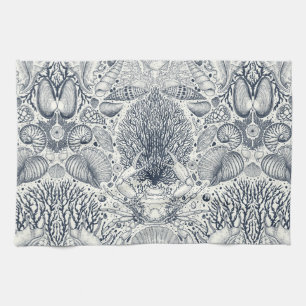Beach treasures, seashells, crab, corals and seawe kitchen towel