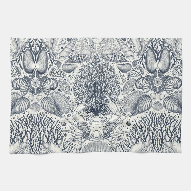 Beach treasures, seashells, crab, corals and seawe kitchen towel (Horizontal)