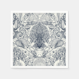 Beach treasures, seashells, crab, corals and seawe napkin