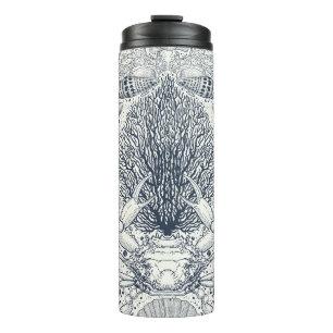 Beach treasures, seashells, crab, corals and seawe thermal tumbler