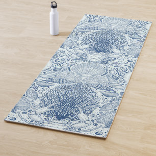 Beach treasures, seashells, crab, corals and seawe yoga mat